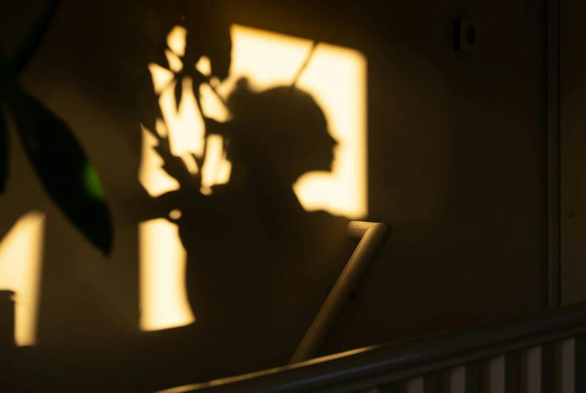 A woman's profile cast as a long shadow on a warmly lit wall, softened by blurred plant leaves in the foreground, with a stairway railing visible below.