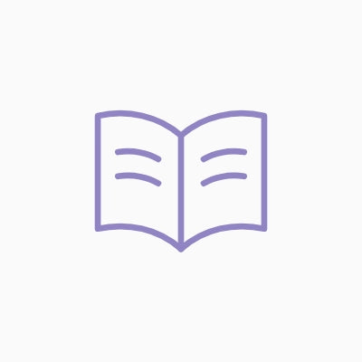 A simple purple outline icon of an open book centered on a light gray background.