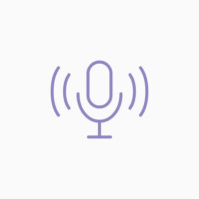 A simple purple line icon of a microphone with sound waves on a plain white background.